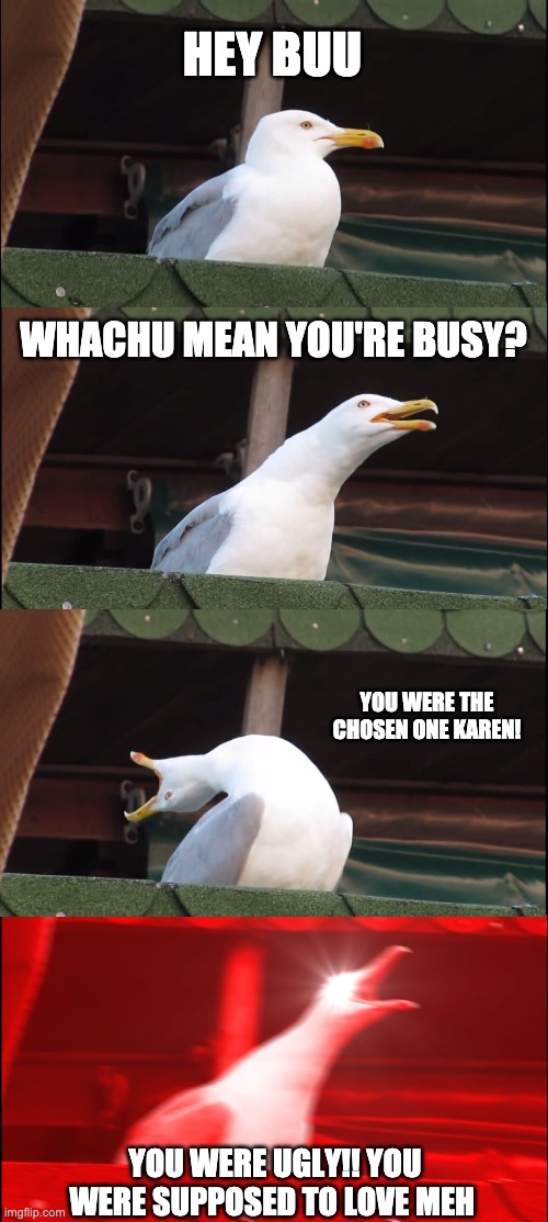 Even the ugly chicks dont settle | HEY BUU; WHACHU MEAN YOU'RE BUSY? YOU WERE THE CHOSEN ONE KAREN! YOU WERE UGLY!! YOU WERE SUPPOSED TO LOVE MEH | image tagged in memes,inhaling seagull | made w/ Imgflip meme maker