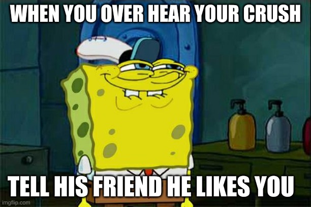 Spongebob meme | WHEN YOU OVER HEAR YOUR CRUSH; TELL HIS FRIEND HE LIKES YOU | image tagged in memes,don't you squidward | made w/ Imgflip meme maker