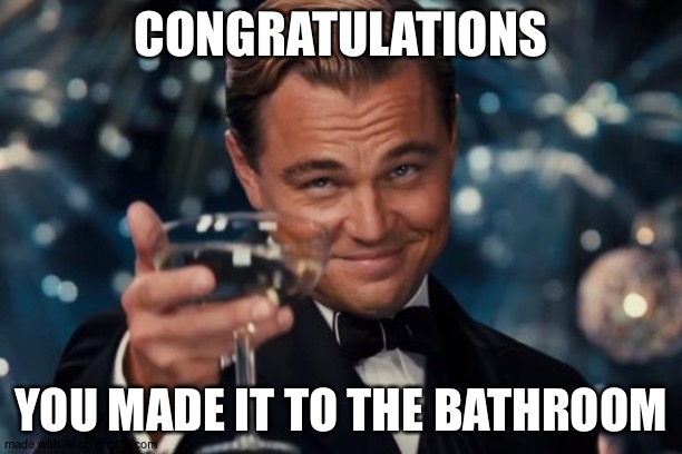 Leonardo Dicaprio Cheers | CONGRATULATIONS; YOU MADE IT TO THE BATHROOM | image tagged in memes,leonardo dicaprio cheers | made w/ Imgflip meme maker