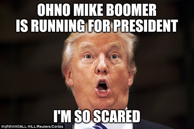 Trump stupid face | OHNO MIKE BOOMER IS RUNNING FOR PRESIDENT; I'M SO SCARED | image tagged in trump stupid face | made w/ Imgflip meme maker