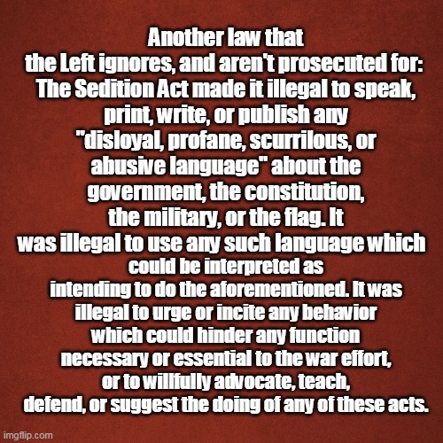 Sedition law | Another law that the Left ignores, and aren't prosecuted for: 

The Sedition Act made it illegal to speak, print, write, or publish any "disloyal, profane, scurrilous, or abusive language" about the government, the constitution, the military, or the flag. It was illegal to use any such language which; could be interpreted as intending to do the aforementioned. It was illegal to urge or incite any behavior which could hinder any function necessary or essential to the war effort, or to willfully advocate, teach, defend, or suggest the doing of any of these acts. | image tagged in blank red background | made w/ Imgflip meme maker