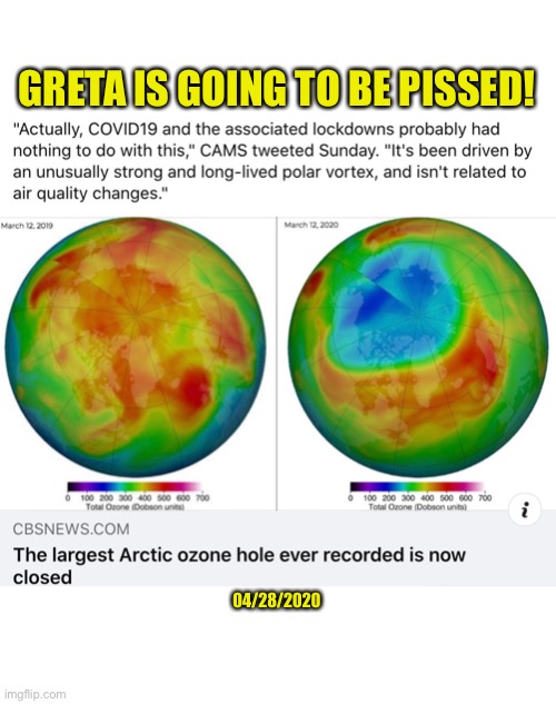 Ozone heals itself!  Greta is going to be PISSED! | GRETA IS GOING TO BE PISSED! 04/28/2020 | image tagged in greta thunberg,memes,covid-19,coronavirus,climate change,made in china | made w/ Imgflip meme maker