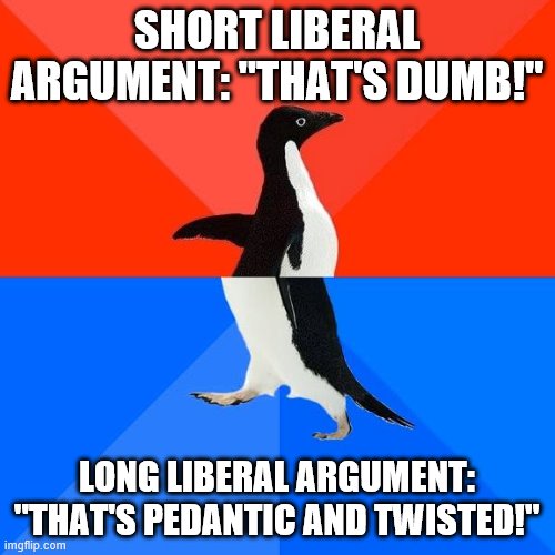 This is pretty typical. I think they just don’t like liberal opinions! | SHORT LIBERAL ARGUMENT: "THAT'S DUMB!"; LONG LIBERAL ARGUMENT: "THAT'S PEDANTIC AND TWISTED!" | image tagged in socially awkward pinguin,conservative logic,conservatives,liberals,politics lol,politics | made w/ Imgflip meme maker