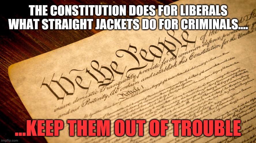 Constitution | THE CONSTITUTION DOES FOR LIBERALS WHAT STRAIGHT JACKETS DO FOR CRIMINALS.... ...KEEP THEM OUT OF TROUBLE | image tagged in constitution,political,liberal | made w/ Imgflip meme maker