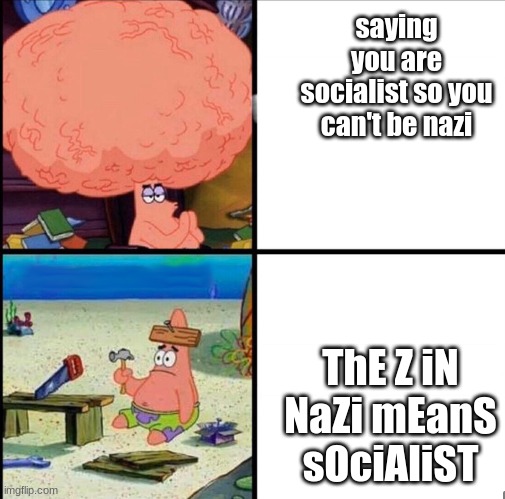 patrick big brain | saying you are socialist so you can't be nazi; ThE Z iN NaZi mEanS sOciAliST | image tagged in patrick big brain | made w/ Imgflip meme maker