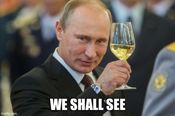 Putin Cheers | WE SHALL SEE | image tagged in putin cheers | made w/ Imgflip meme maker