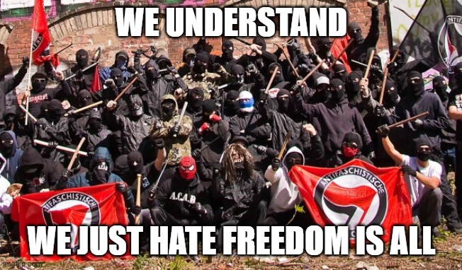 Antifa | WE UNDERSTAND WE JUST HATE FREEDOM IS ALL | image tagged in antifa | made w/ Imgflip meme maker