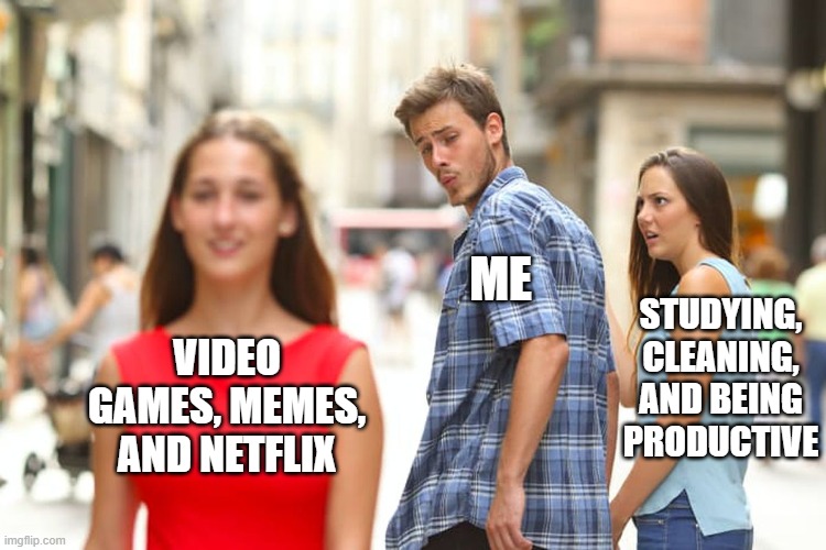 Which One? | ME; STUDYING, CLEANING, AND BEING PRODUCTIVE; VIDEO GAMES, MEMES, AND NETFLIX | image tagged in memes,distracted boyfriend | made w/ Imgflip meme maker
