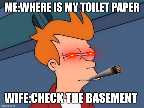 Futurama truck tp my house | ME:WHERE IS MY TOILET PAPER; WIFE:CHECK THE BASEMENT | image tagged in memes,futurama fry | made w/ Imgflip meme maker