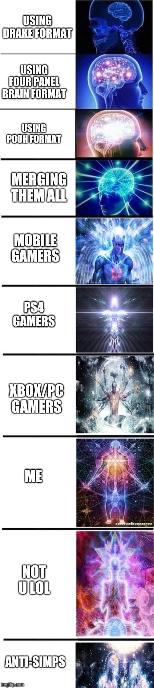 This got random fast | USING DRAKE FORMAT; USING FOUR PANEL BRAIN FORMAT; USING POOH FORMAT; MERGING THEM ALL; MOBILE GAMERS; PS4 GAMERS; XBOX/PC GAMERS; ME; NOT U LOL; ANTI-SIMPS | image tagged in expanding brain 10 panel | made w/ Imgflip meme maker