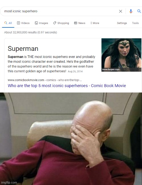 is that wonder woman? | image tagged in memes,captain picard facepalm,wonder woman,superman,superheroes,google search | made w/ Imgflip meme maker