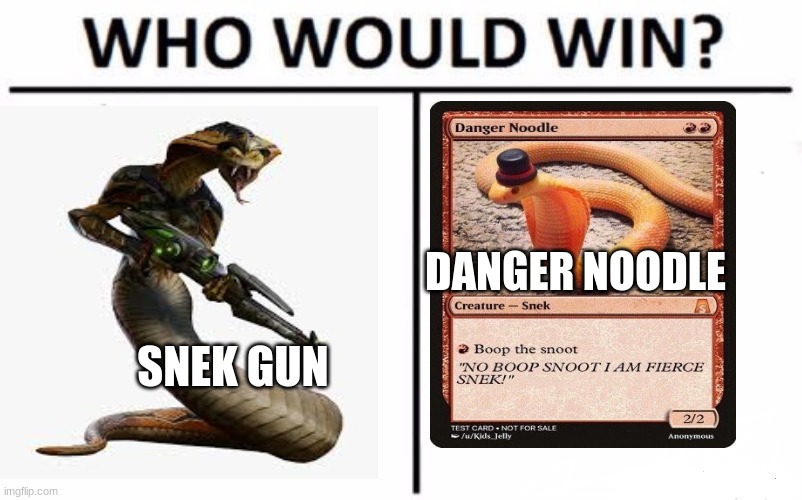 sneeeeeek | DANGER NOODLE; SNEK GUN | image tagged in memes,who would win | made w/ Imgflip meme maker