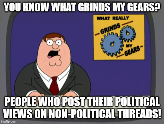 Peter Griffin News |  YOU KNOW WHAT GRINDS MY GEARS? PEOPLE WHO POST THEIR POLITICAL VIEWS ON NON-POLITICAL THREADS! | image tagged in memes,peter griffin news | made w/ Imgflip meme maker