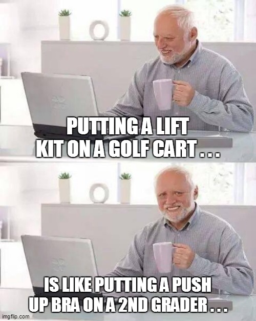 Hide the Pain Harold | PUTTING A LIFT KIT ON A GOLF CART . . . IS LIKE PUTTING A PUSH UP BRA ON A 2ND GRADER . . . | image tagged in fun,funny memes,funny meme,bad pun,too funny,golfing | made w/ Imgflip meme maker