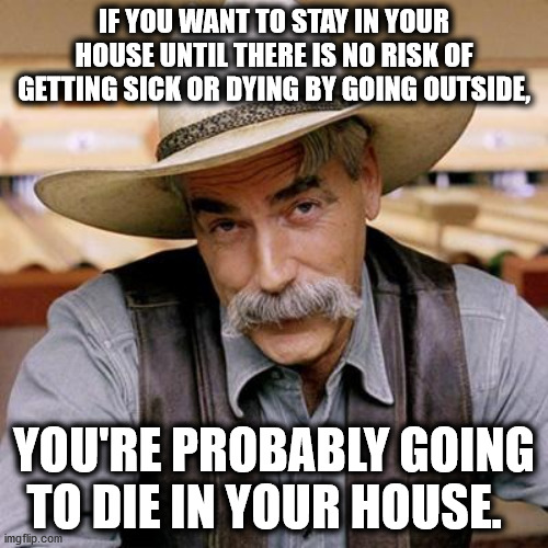 SARCASM COWBOY | IF YOU WANT TO STAY IN YOUR HOUSE UNTIL THERE IS NO RISK OF GETTING SICK OR DYING BY GOING OUTSIDE, YOU'RE PROBABLY GOING TO DIE IN YOUR HOUSE. | image tagged in sarcasm cowboy | made w/ Imgflip meme maker