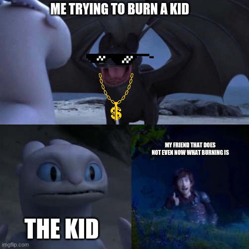 HTTYD Thumbs up | ME TRYING TO BURN A KID; MY FRIEND THAT DOES NOT EVEN NOW WHAT BURNING IS; THE KID | image tagged in httyd thumbs up | made w/ Imgflip meme maker