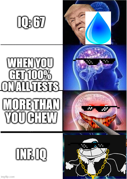 Expanding Brain Meme | IQ: 67; WHEN YOU GET 100% ON ALL TESTS; MORE THAN YOU CHEW; INF. IQ | image tagged in memes,expanding brain | made w/ Imgflip meme maker