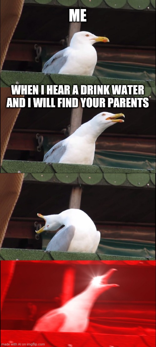 Inhaling Seagull | ME; WHEN I HEAR A DRINK WATER AND I WILL FIND YOUR PARENTS | image tagged in memes,inhaling seagull | made w/ Imgflip meme maker