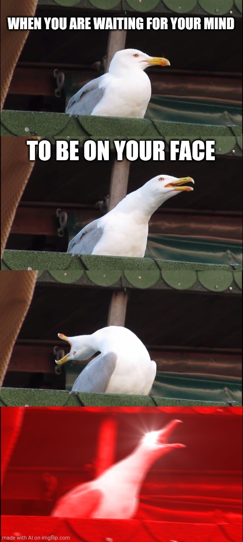 Inhaling Seagull Meme | WHEN YOU ARE WAITING FOR YOUR MIND; TO BE ON YOUR FACE | image tagged in memes,inhaling seagull | made w/ Imgflip meme maker