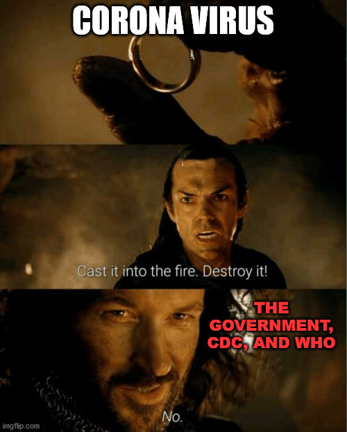 Cast it in the fire | CORONA VIRUS THE GOVERNMENT, CDC, AND WHO | image tagged in cast it in the fire | made w/ Imgflip meme maker