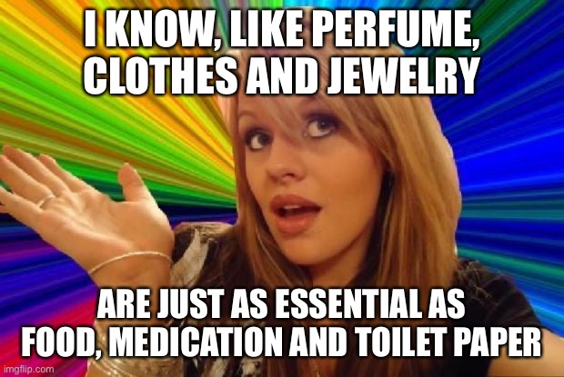 stupid girl meme | I KNOW, LIKE PERFUME, CLOTHES AND JEWELRY ARE JUST AS ESSENTIAL AS FOOD, MEDICATION AND TOILET PAPER | image tagged in stupid girl meme | made w/ Imgflip meme maker