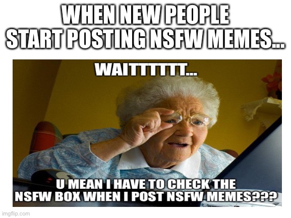 WHEN NEW PEOPLE START POSTING NSFW MEMES... | image tagged in blank white template,grandma finds the internet | made w/ Imgflip meme maker