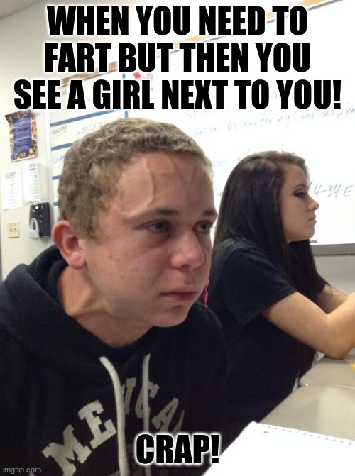 Hold fart | WHEN YOU NEED TO FART BUT THEN YOU SEE A GIRL NEXT TO YOU! CRAP! | image tagged in hold fart | made w/ Imgflip meme maker