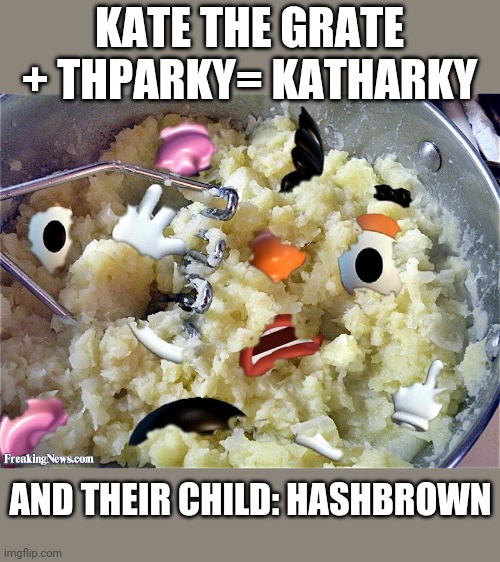 Who would you ship on imgflip? What would be their name and what would their child look like? | KATE THE GRATE + THPARKY= KATHARKY; AND THEIR CHILD: HASHBROWN | image tagged in thparky,katechuks,kate the grate,mashedpotato,shipping,imgflip users | made w/ Imgflip meme maker