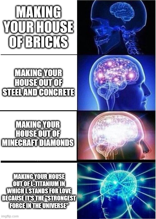 Expanding Brain Meme | MAKING YOUR HOUSE OF BRICKS; MAKING YOUR HOUSE OUT OF STEEL AND CONCRETE; MAKING YOUR HOUSE OUT OF MINECRAFT DIAMONDS; MAKING YOUR HOUSE OUT OF L-TITANIUM IN WHICH L STANDS FOR LOVE BECAUSE IT'S THE "STRONGEST FORCE IN THE UNIVERSE" | image tagged in memes,expanding brain | made w/ Imgflip meme maker