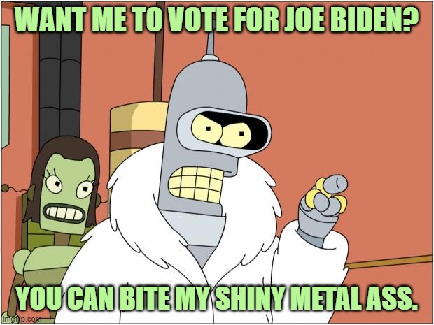 Bender ain't playin' | WANT ME TO VOTE FOR JOE BIDEN? YOU CAN BITE MY SHINY METAL ASS. | image tagged in memes,bender | made w/ Imgflip meme maker