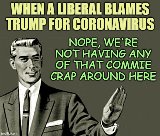 It's a Chinese virus, from Chy-na. | WHEN A LIBERAL BLAMES TRUMP FOR CORONAVIRUS; NOPE, WE'RE NOT HAVING ANY OF THAT COMMIE CRAP AROUND HERE | image tagged in nope | made w/ Imgflip meme maker