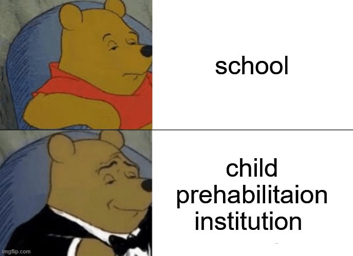 Tuxedo Winnie The Pooh Meme | school; child prehabilitaion institution | image tagged in memes,tuxedo winnie the pooh | made w/ Imgflip meme maker