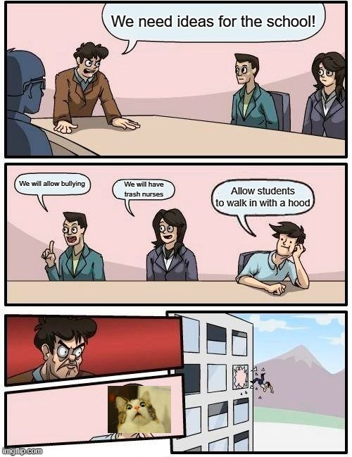 Boardroom Meeting Suggestion Meme | We need ideas for the school! We will allow bullying; We will have trash nurses; Allow students to walk in with a hood | image tagged in memes,boardroom meeting suggestion | made w/ Imgflip meme maker