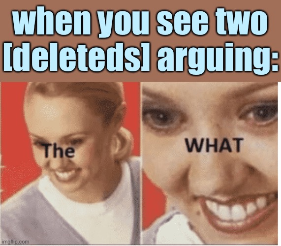 Double the joy, double the pain. | when you see two [deleteds] arguing: | image tagged in the what woman,the daily struggle imgflip edition,deleted,imgflip trolls,internet trolls,trolls | made w/ Imgflip meme maker