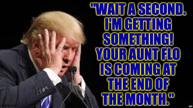 When you're a clairvoyant, the spirits can speak at any time. | "WAIT A SECOND.
I'M GETTING
SOMETHING!
YOUR AUNT FLO
IS COMING AT
THE END OF
THE MONTH." | image tagged in memes,aunt flo,clairvoyant trump | made w/ Imgflip meme maker