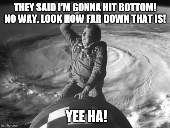 hit bottom | THEY SAID I'M GONNA HIT BOTTOM! NO WAY. LOOK HOW FAR DOWN THAT IS! YEE HA! | image tagged in you're drunk | made w/ Imgflip meme maker