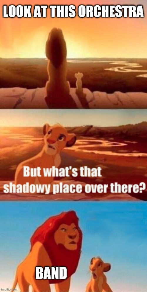 band | LOOK AT THIS ORCHESTRA; BAND | image tagged in memes,simba shadowy place | made w/ Imgflip meme maker