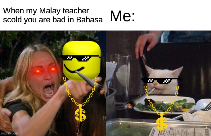 Woman Yelling At Cat | When my Malay teacher scold you are bad in Bahasa; Me: | image tagged in memes,woman yelling at cat | made w/ Imgflip meme maker