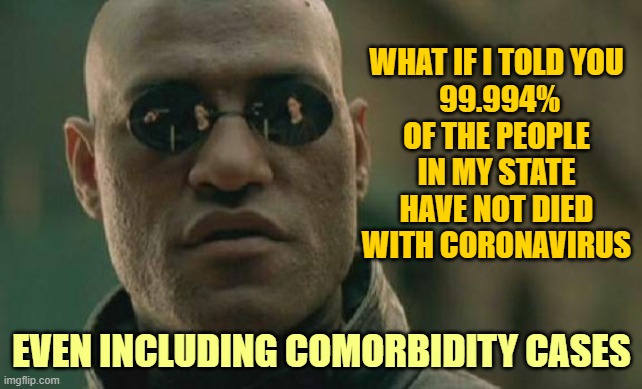 0.006% death rate, including comorbidity shut the state down | WHAT IF I TOLD YOU
 99.994% OF THE PEOPLE IN MY STATE HAVE NOT DIED WITH CORONAVIRUS; EVEN INCLUDING COMORBIDITY CASES | image tagged in memes,matrix morpheus | made w/ Imgflip meme maker