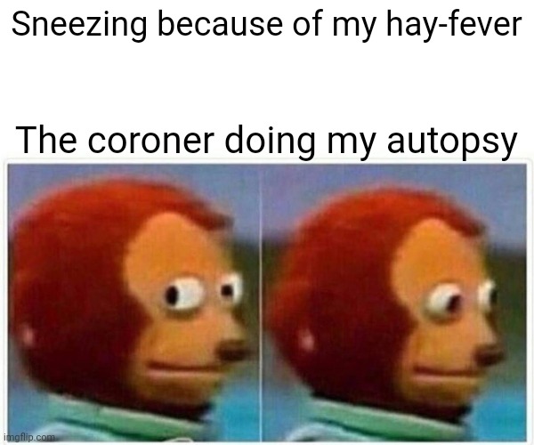 Autopsy | Sneezing because of my hay-fever; The coroner doing my autopsy | image tagged in memes,monkey puppet | made w/ Imgflip meme maker