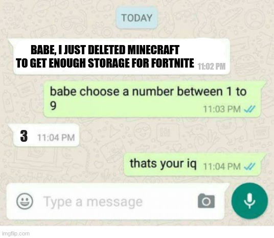 3 IQ | BABE, I JUST DELETED MINECRAFT TO GET ENOUGH STORAGE FOR FORTNITE; 11:02 PM; 3 | image tagged in i'm the dumbest man alive | made w/ Imgflip meme maker