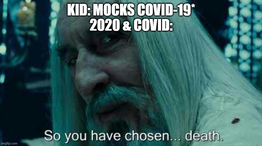 So you have chosen death | KID: MOCKS COVID-19*
2020 & COVID: | image tagged in so you have chosen death | made w/ Imgflip meme maker