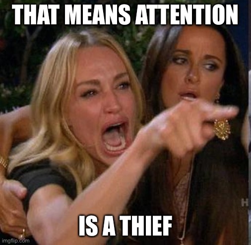 Screaming At | THAT MEANS ATTENTION IS A THIEF | image tagged in screaming at | made w/ Imgflip meme maker