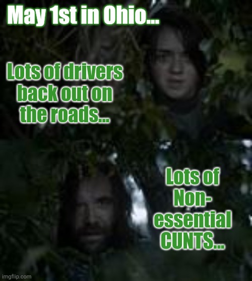 The Hound Lots Of Cunts | May 1st in Ohio... Lots of drivers
back out on
the roads... Lots of
Non-
essential
CUNTS... | image tagged in the hound lots of cunts,ohio,non-essential,back to work | made w/ Imgflip meme maker