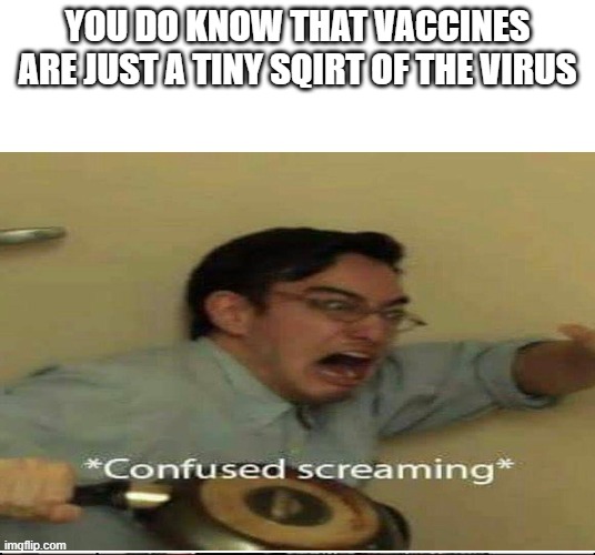 The truth tho | YOU DO KNOW THAT VACCINES ARE JUST A TINY SQIRT OF THE VIRUS | image tagged in confused screaming | made w/ Imgflip meme maker