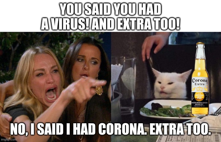 extra too | YOU SAID YOU HAD A VIRUS! AND EXTRA TOO! NO, I SAID I HAD CORONA. EXTRA TOO. | image tagged in cat yelling | made w/ Imgflip meme maker