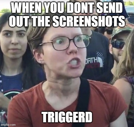Triggered feminist | WHEN YOU DONT SEND OUT THE SCREENSHOTS; TRIGGERD | image tagged in triggered feminist | made w/ Imgflip meme maker