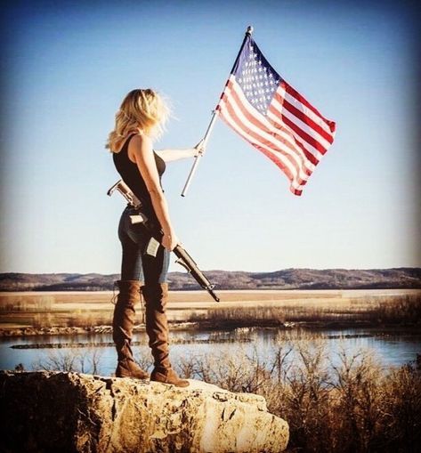 High Quality American Flag Girl Woman Gun Blank Meme Template