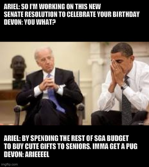 Devon and Ariel | ARIEL: SO I'M WORKING ON THIS NEW 
SENATE RESOLUTION TO CELEBRATE YOUR BIRTHDAY

DEVON: YOU WHAT? ARIEL: BY SPENDING THE REST OF SGA BUDGET 
TO BUY CUTE GIFTS TO SENIORS. IMMA GET A PUG

DEVON: ARIEEEEL | image tagged in obama and biden | made w/ Imgflip meme maker