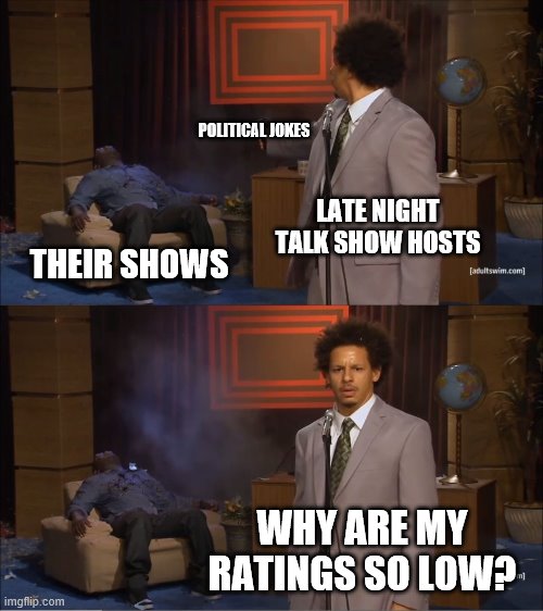 Late night talk show hosts | POLITICAL JOKES; LATE NIGHT TALK SHOW HOSTS; THEIR SHOWS; WHY ARE MY RATINGS SO LOW? | image tagged in memes,who killed hannibal,politics,american politics | made w/ Imgflip meme maker